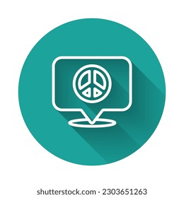 White line Location peace icon isolated with long shadow background. Hippie symbol of peace. Green circle button. Vector