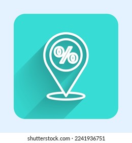 White line Location with percent discount icon isolated with long shadow. Money location icon. Business and investment concept. Green square button. Vector Illustration