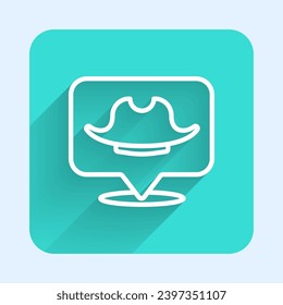 White line Location pirate icon isolated with long shadow. Green square button. Vector