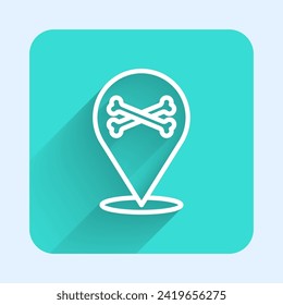 White line Location pirate icon isolated with long shadow. Green square button. Vector