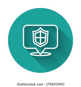 White line Location shield icon isolated with long shadow. Insurance concept. Guard sign. Security, safety, protection, privacy concept. Green circle button. Vector.