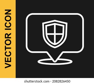 White line Location shield icon isolated on black background. Insurance concept. Guard sign. Security, safety, protection, privacy concept.  Vector