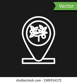 White line Location and tree icon isolated on black background.  Vector Illustration