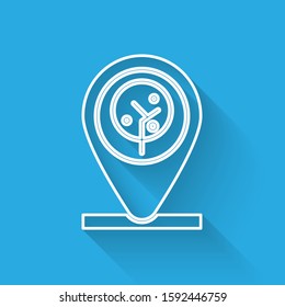 White line Location and tree icon isolated with long shadow.  Vector Illustration
