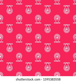 White line Location and tree icon isolated seamless pattern on red background.  Vector Illustration