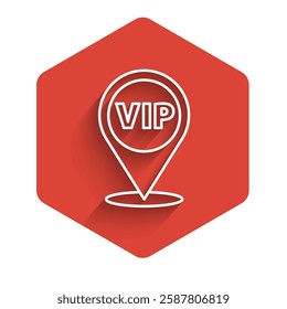 White line Location Vip icon isolated with long shadow. Red hexagon button. Vector