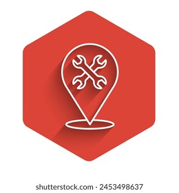 White line Location with wrench spanner icon isolated with long shadow. Adjusting, service, setting, maintenance, repair, fixing. Red hexagon button. Vector