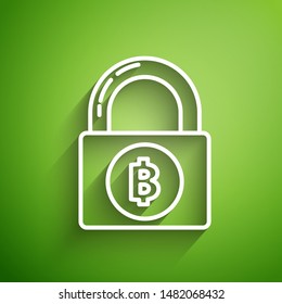 White line Lock with bitcoin icon isolated on green background. Cryptocurrency mining, blockchain technology, security, protect, digital money.  Vector Illustration