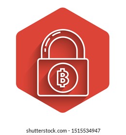 White line Lock with bitcoin icon isolated with long shadow. Cryptocurrency mining, blockchain technology, security, protect, digital money. Red hexagon button. Vector Illustration