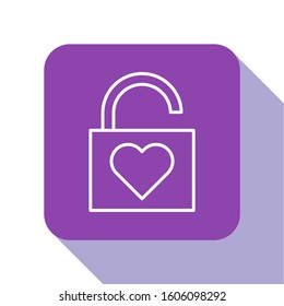 White line Lock and heart icon isolated on white background. Locked Heart. Love symbol and keyhole sign. Valentines day symbol. Purple square button. Vector Illustration