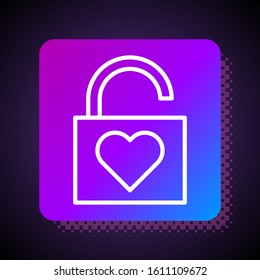 White line Lock and heart icon isolated on black background. Locked Heart. Love symbol and keyhole sign. Valentines day symbol. Square color button. Vector Illustration