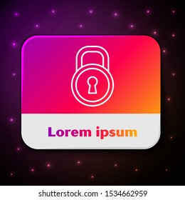 White line Lock icon isolated on black background. Padlock sign. Security, safety, protection, privacy concept. Rectangle color button. Vector Illustration