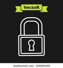 White line Lock icon isolated on black background. Padlock sign. Security, safety, protection, privacy concept.  Vector Illustration