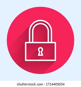 White line Lock icon isolated with long shadow. Padlock sign. Security, safety, protection, privacy concept. Red circle button. Vector Illustration