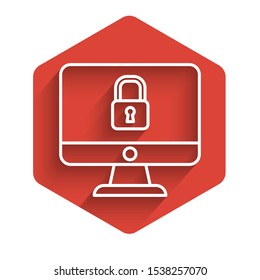 White line Lock on computer monitor screen icon isolated with long shadow. Security, safety, protection concept. Safe internetwork. Red hexagon button. Vector Illustration