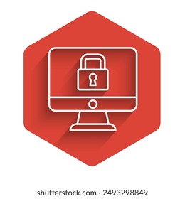 White line Lock on computer monitor screen icon isolated with long shadow. Security, safety, protection concept. Safe internetwork. Red hexagon button. Vector