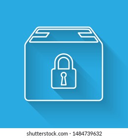 White line Locked package icon isolated with long shadow. Lock and cardboard box.  Vector Illustration