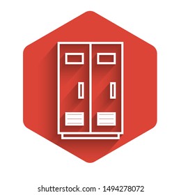White line Locker or changing room for football, basketball team or workers icon isolated with long shadow. Red hexagon button. Vector Illustration