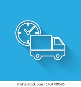 White line Logistics delivery truck and clock icon isolated with long shadow. Delivery time icon.  Vector Illustration