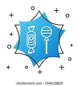 White line Lollipop icon isolated on white background. Candy sign. Food, delicious symbol. Blue hexagon button. Vector Illustration