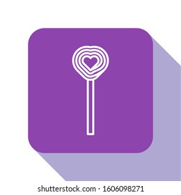 White line Lollipop icon isolated on white background. Candy sign. Food, delicious symbol. Valentines day. Love symbol. Purple square button. Vector Illustration