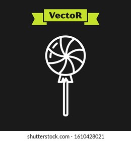 White line Lollipop icon isolated on black background. Candy sign. Food, delicious symbol.  Vector Illustration