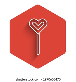 White Line Lollipop Icon Isolated With Long Shadow. Food, Delicious Symbol. Red Hexagon Button. Vector