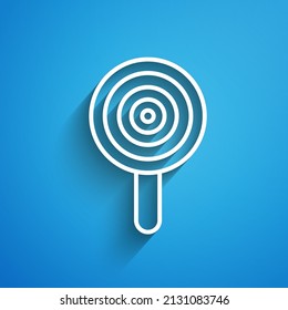 White line Lollipop icon isolated on blue background. Candy sign. Food, delicious symbol. Long shadow. Vector
