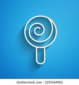 White line Lollipop icon isolated on blue background. Candy sign. Food, delicious symbol. Long shadow. Vector