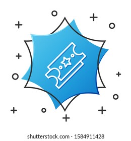 White line Lottery ticket icon isolated on white background. Bingo, lotto, cash prizes. Financial success, prosperity, victory, winnings luck. Blue hexagon button. Vector Illustration