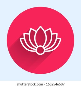 White line Lotus flower icon isolated with long shadow. Red circle button. Vector Illustration