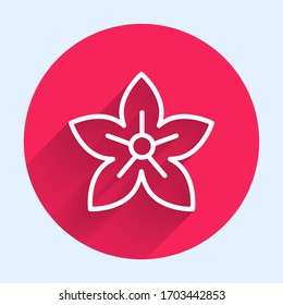 White line Lotus flower icon isolated with long shadow. Red circle button. Vector Illustration