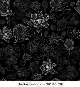 White line lotus flowers pattern background on black