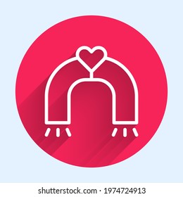 White line Love magnet icon isolated with long shadow. Red circle button. Vector