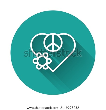 White line Love peace icon isolated with long shadow background. Hippie symbol of peace. Green circle button. Vector