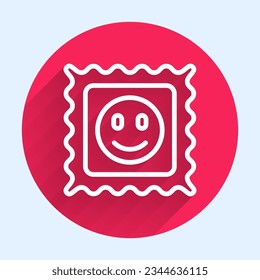 White line LSD acid mark icon isolated with long shadow. Acid narcotic. Postmark. Postage stamp. Health danger. Red circle button. Vector