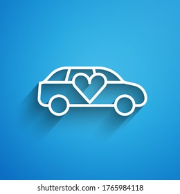 White line Luxury limousine car icon isolated on blue background. For world premiere celebrities and guests poster. Long shadow. Vector