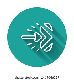 White line Magic arrow icon isolated with long shadow background. Green circle button. Vector