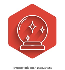 White line Magic ball icon isolated with long shadow. Crystal ball. Red hexagon button. Vector Illustration
