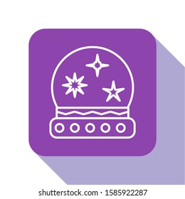 White line Magic ball icon isolated on white background. Crystal ball. Purple square button. Vector Illustration