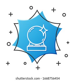 White line Magic ball icon isolated on white background. Crystal ball. Blue hexagon button. Vector Illustration