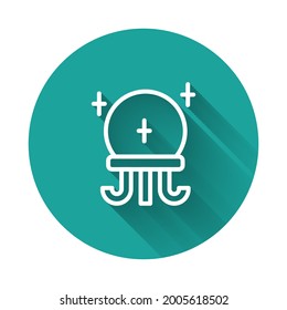 White line Magic ball icon isolated with long shadow background. Crystal ball. Green circle button. Vector