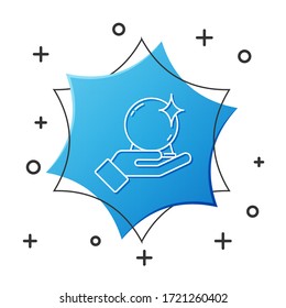White line Magic ball on hand icon isolated on white background. Crystal ball. Blue hexagon button. Vector Illustration