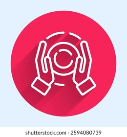 White line Magic ball on hand icon isolated with long shadow. Crystal ball. Red circle button. Vector