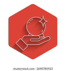 White line Magic ball on hand icon isolated with long shadow. Crystal ball. Red hexagon button. Vector Illustration