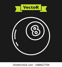 Línea blanca bola mágica de predicciones para el icono de toma de decisiones aislado en fondo negro. Balón de cristal. Ilustración vectorial