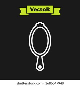 White line Magic hand mirror icon isolated on black background.  Vector Illustration