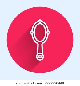 Línea blanca Icono de espejo de mano mágica aislado con sombra larga. Botón de círculo rojo. Vector