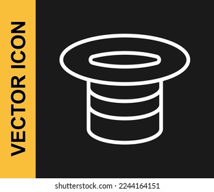White line Magic hat icon isolated on black background. Magic trick. Mystery entertainment concept.  Vector
