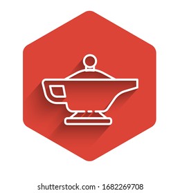 White line Magic lamp or Aladdin lamp icon isolated with long shadow. Spiritual lamp for wish. Red hexagon button. Vector Illustration